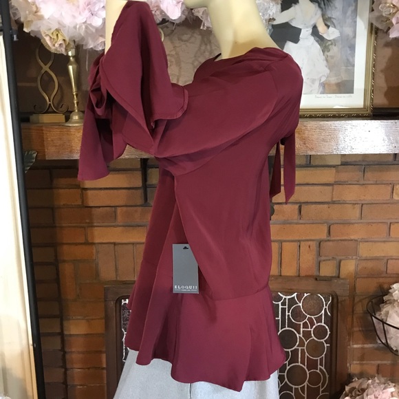 ELOQUII MAROON PEPLUM BLOUSE WITH BELL SLEEVES AND RIBBON NWT (16) - Picture 3 of 11